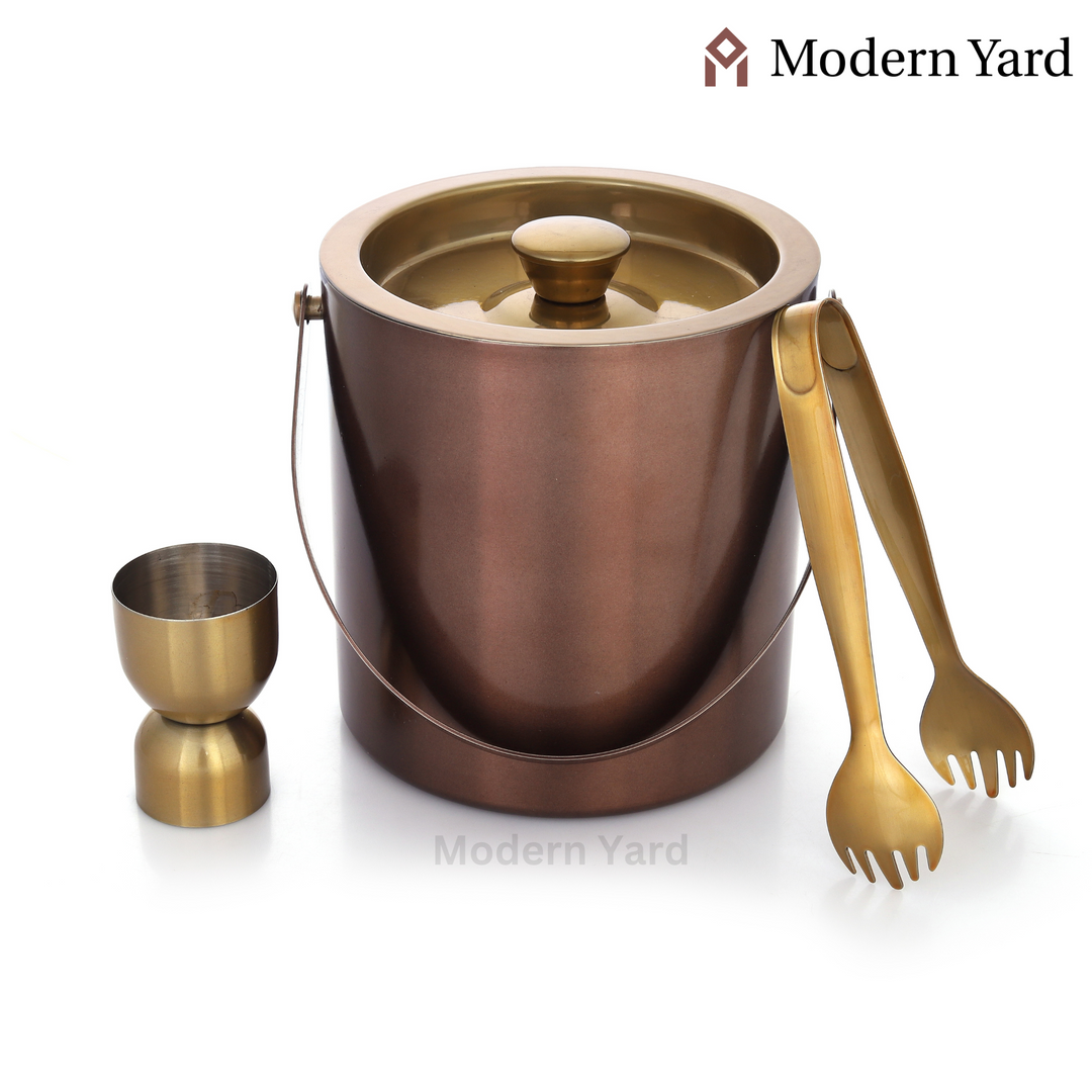 Golden Ice Bucket With Tong & Jigger
