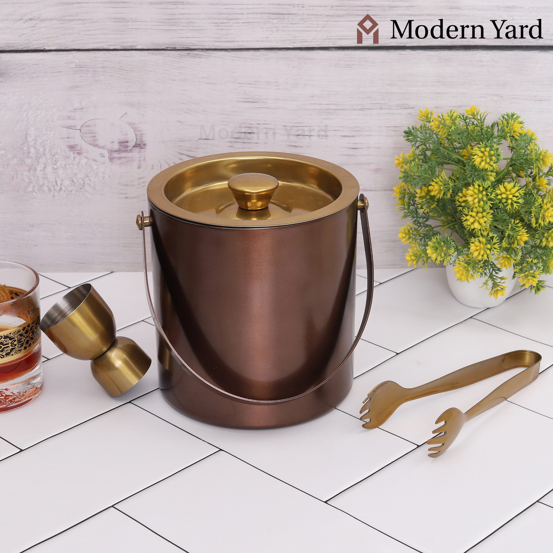 Golden Ice Bucket With Tong & Jigger
