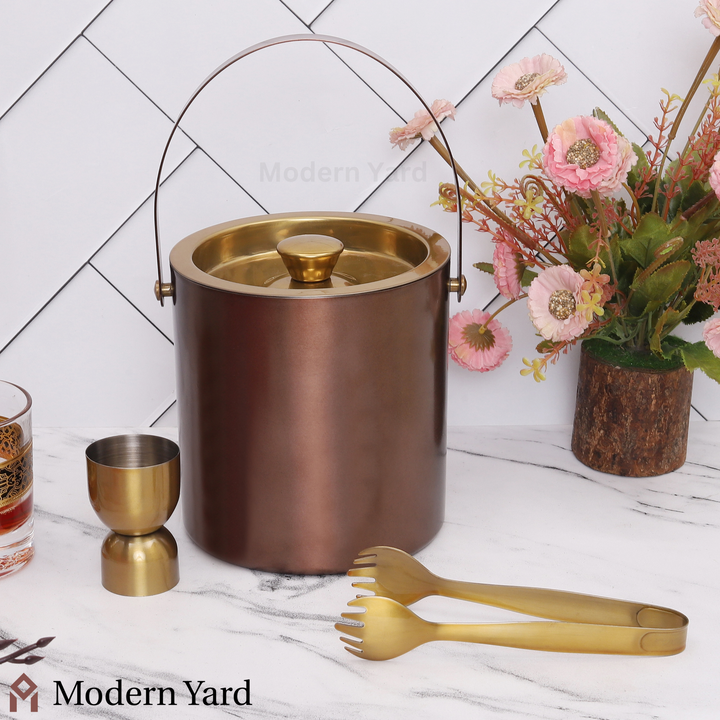 Golden Ice Bucket With Tong & Jigger