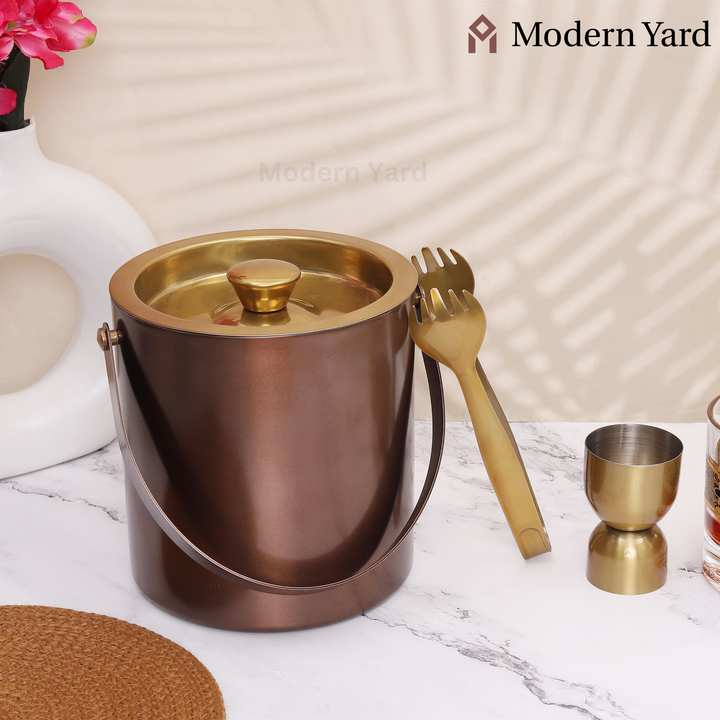 Golden Ice Bucket With Tong & Jigger