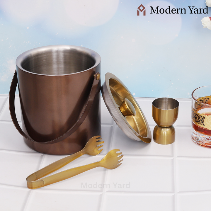 Golden Ice Bucket With Tong & Jigger