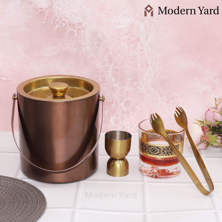Golden Ice Bucket With Tong & Jigger