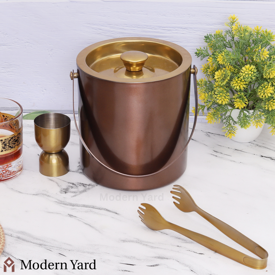 Golden Ice Bucket With Tong & Jigger