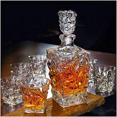 DIAMOND WHISKEY CRYSTAL DECANTER SET WITH 6 GLASSES