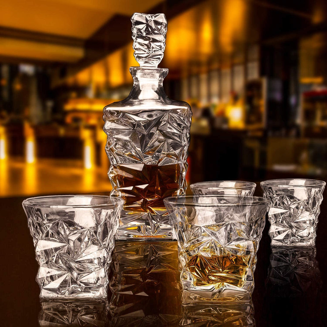 DIAMOND WHISKEY CRYSTAL DECANTER SET WITH 6 GLASSES