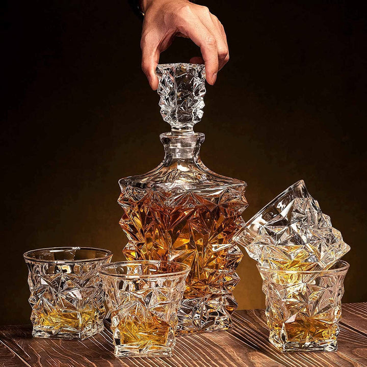DIAMOND WHISKEY CRYSTAL DECANTER SET WITH 6 GLASSES
