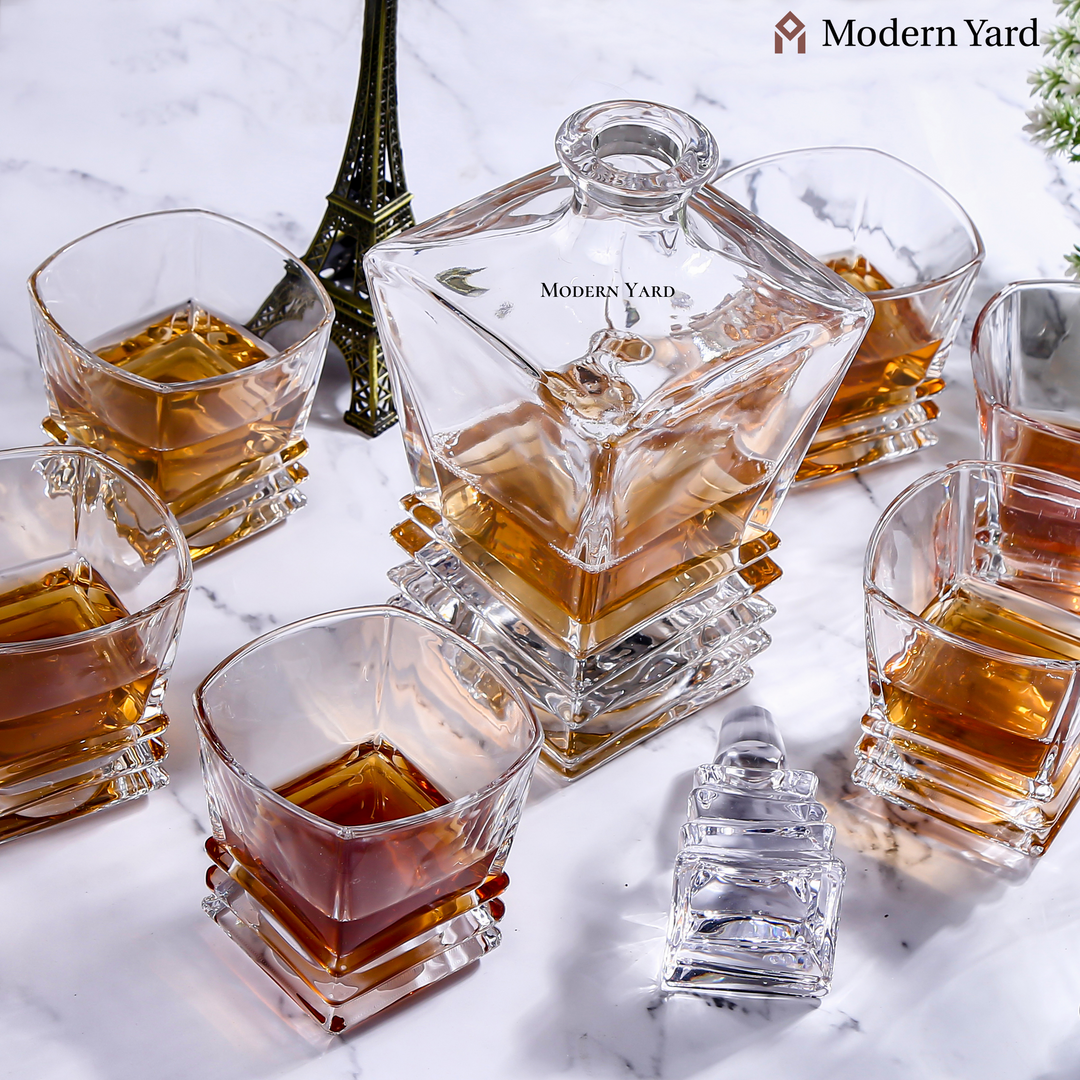 LUXURY SQUARE ROCK 7 PCS CRYSTAL DECANTER SET