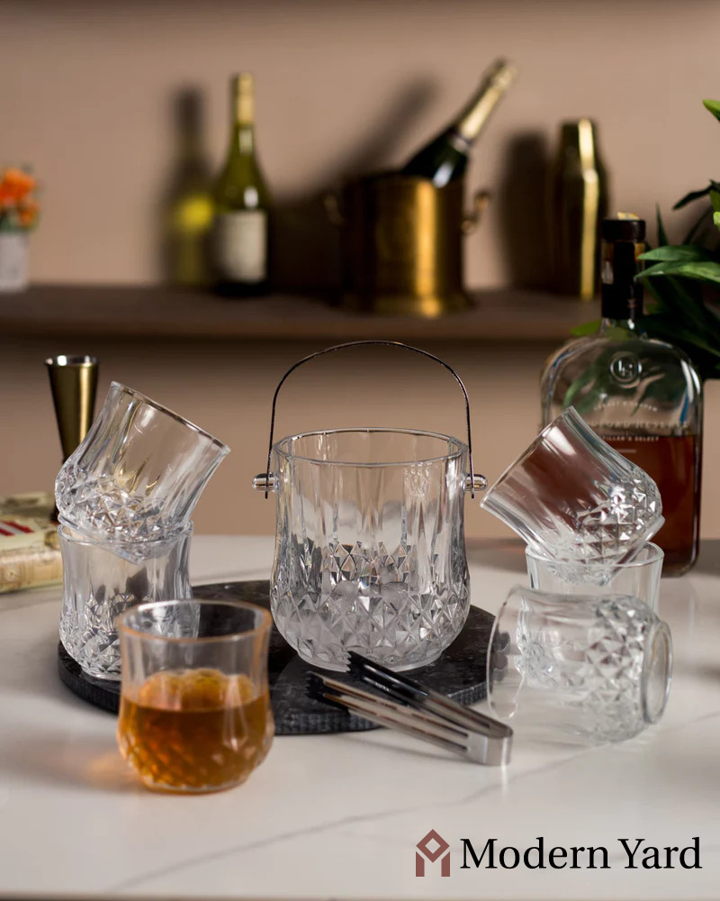 Ivory Ice Bucket with 6 Glasses & Tong