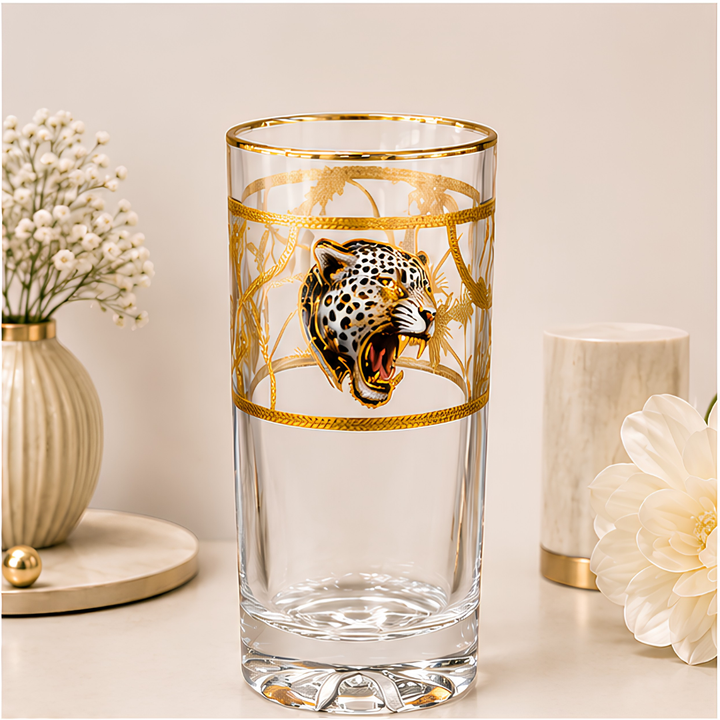 Royal Leopard Crystal Glass – Gold Plated – Set of 6 (Leather Gift Box)