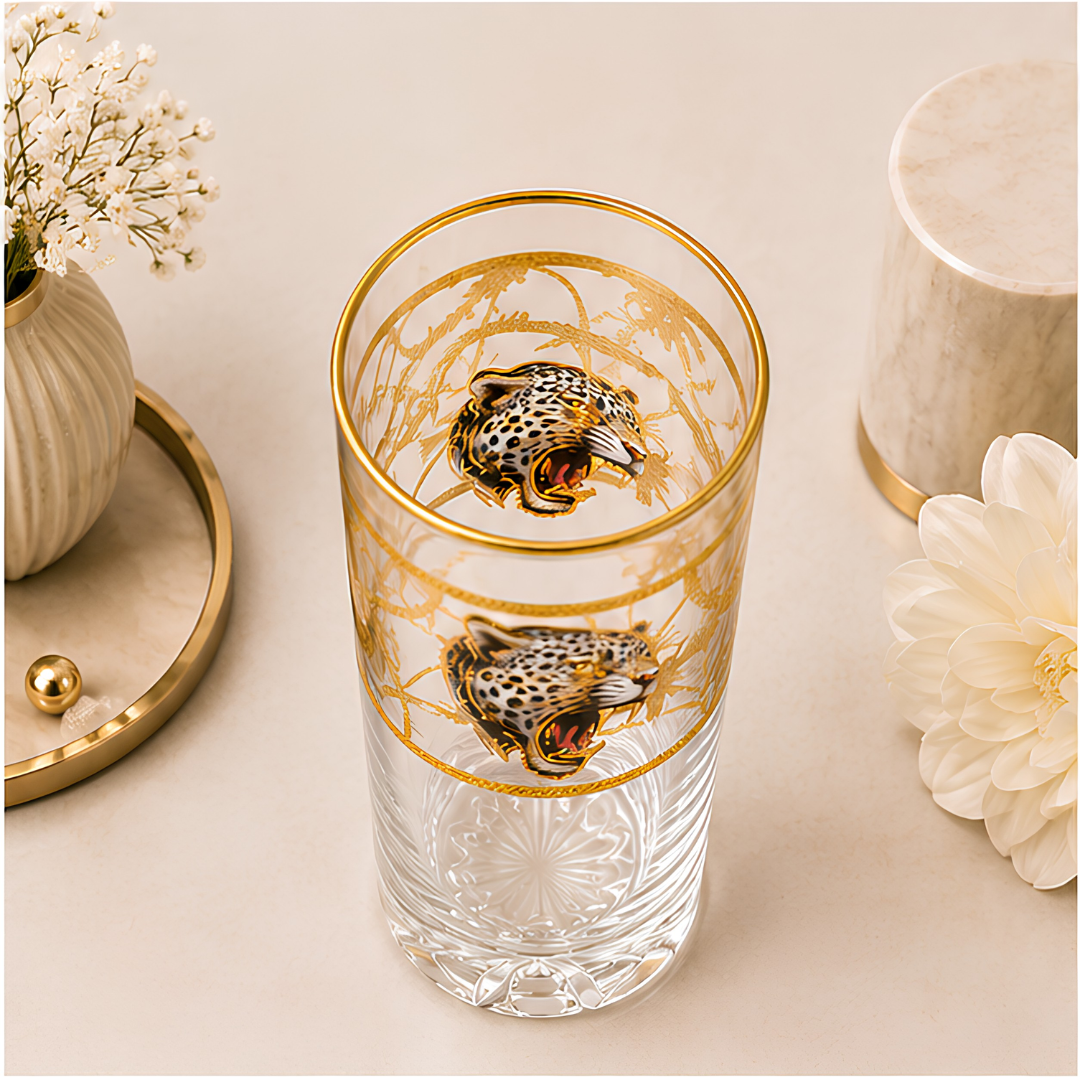 Royal Leopard Crystal Glass – Gold Plated – Set of 6 (Leather Gift Box)