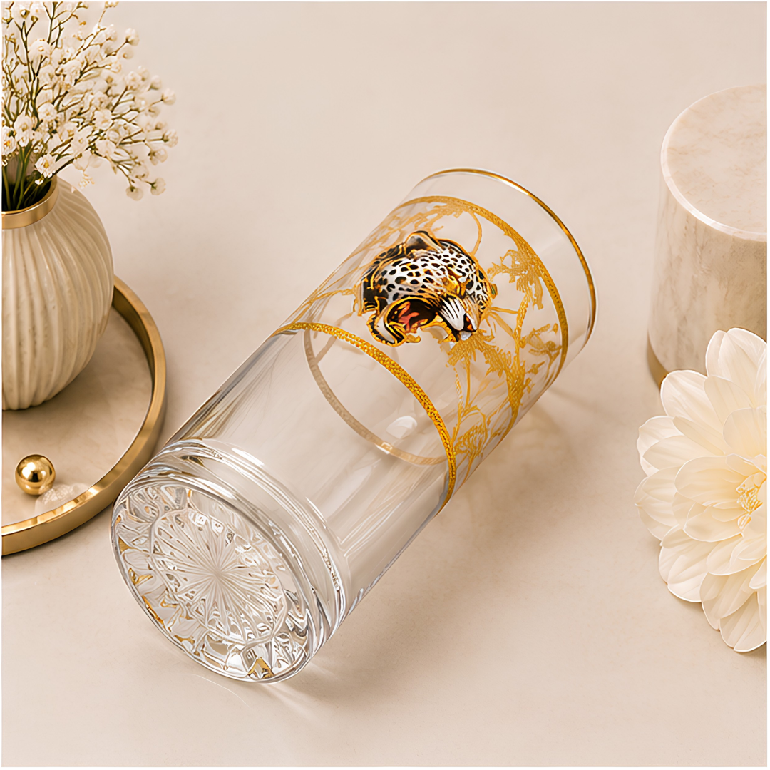 Royal Leopard Crystal Glass – Gold Plated – Set of 6 (Leather Gift Box)