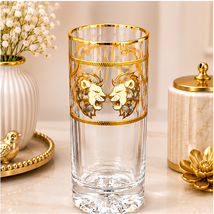 Royal Twin Lions Crystal Glass – Gold Plated – Set of 6 (Leather Gift Box)