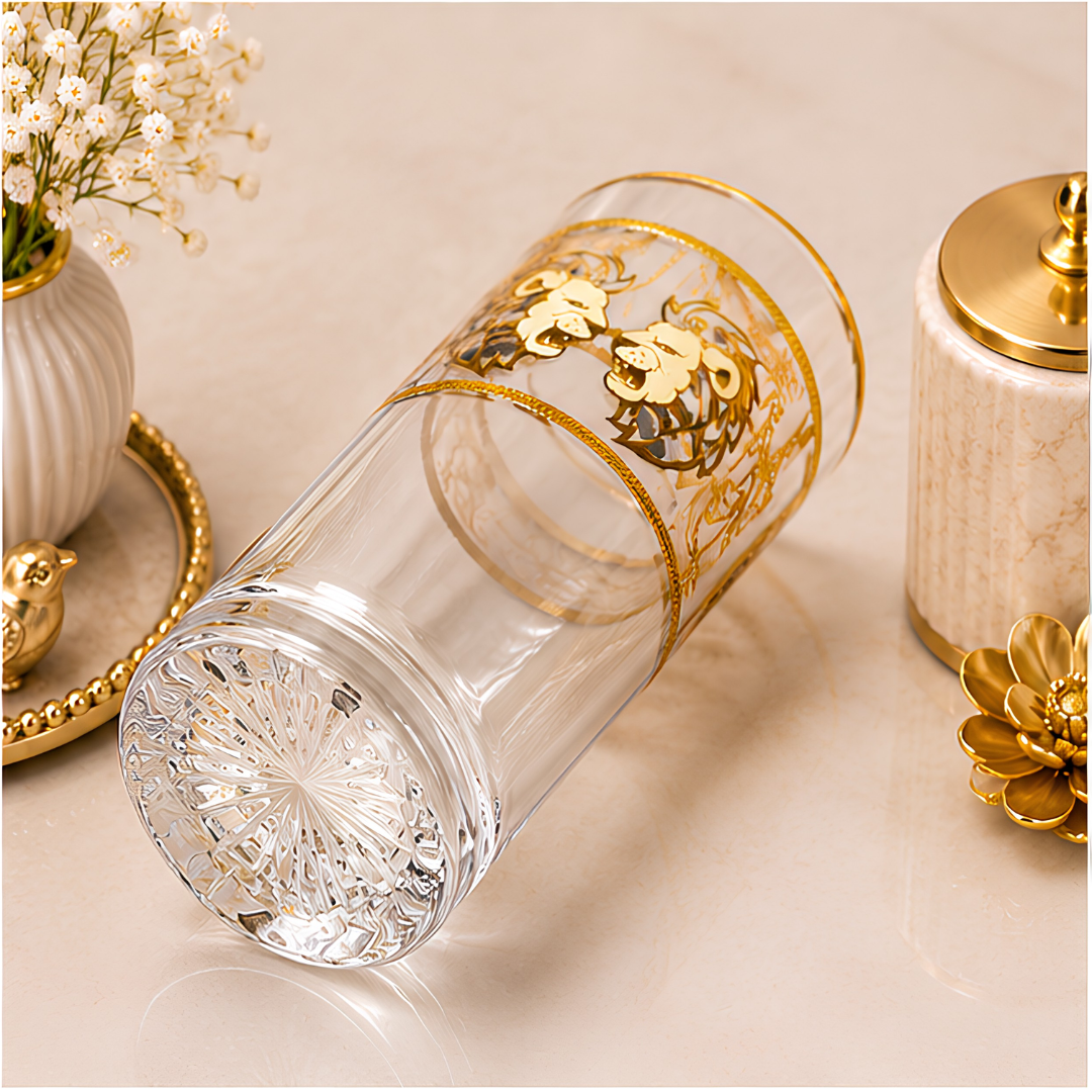 Royal Twin Lions Crystal Glass – Gold Plated – Set of 6 (Leather Gift Box)