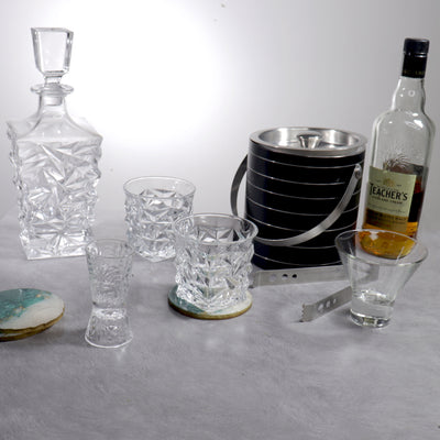 1 Diamond Decanter, 6 Glass, 1 Ice Bucket, 1 Peg Measurer, 1 Chakna Bowl