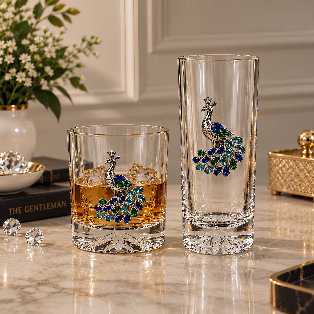 Royal Peacock Crystal Whiskey Glass - Diamond Embellished - Premium Leather Box - Set Of 6