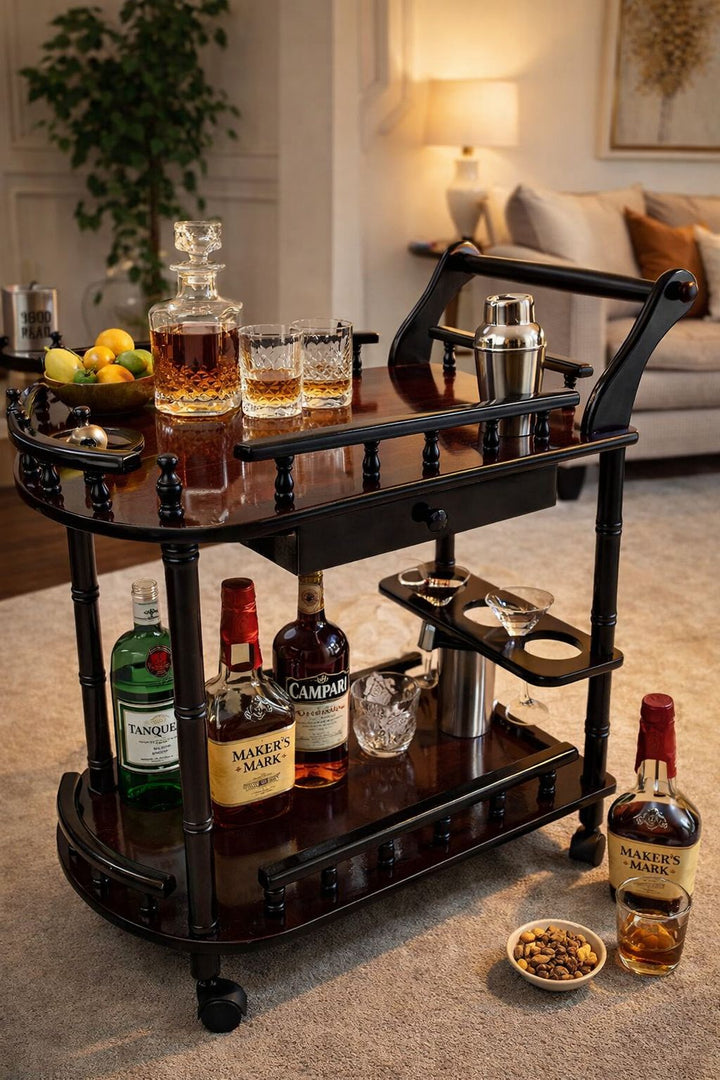 Two-tier wooden bar trolley shelves for storing glassware, bar tools, and accessories