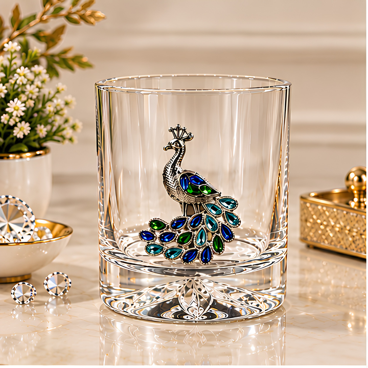 Royal Peacock Crystal Whiskey Glass - Diamond Embellished - Premium Leather Box - Set Of 6