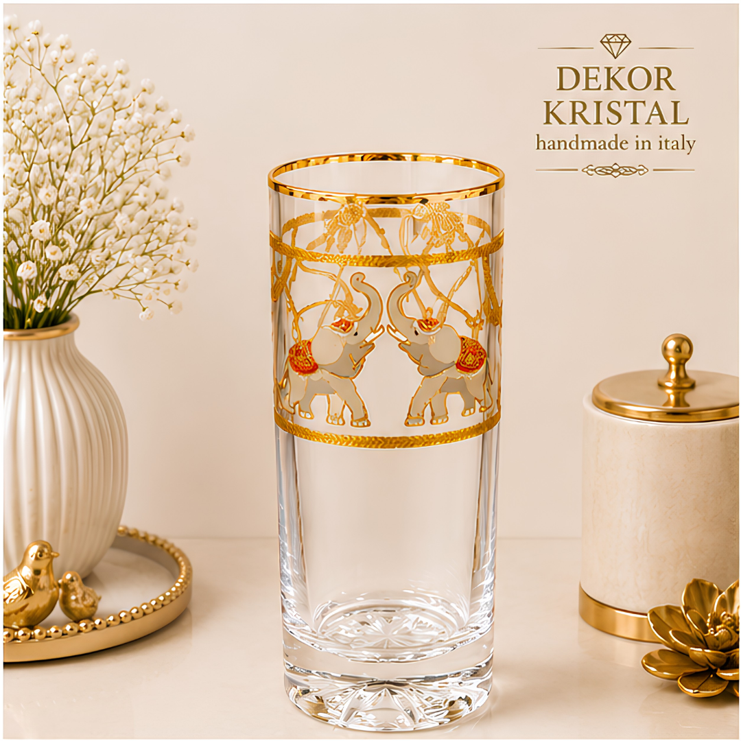 Crystal Maharaja Elephant Glass - Gold Plated - Set of 6 (Leather Gift Box)