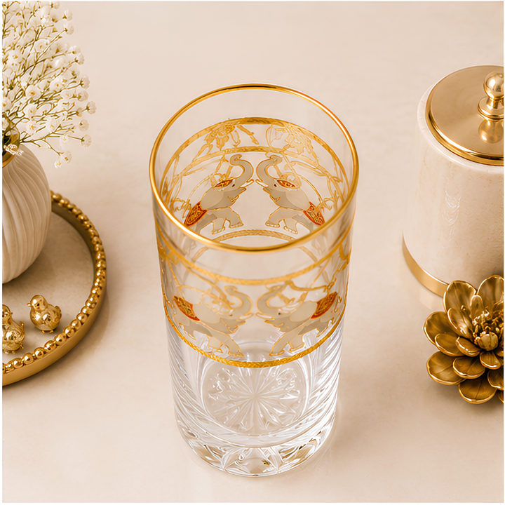 Crystal Maharaja Elephant Glass - Gold Plated - Set of 6 (Leather Gift Box)
