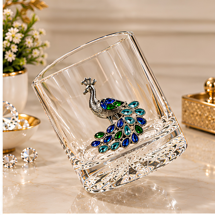 Royal Peacock Crystal Whiskey Glass - Diamond Embellished - Premium Leather Box - Set Of 6
