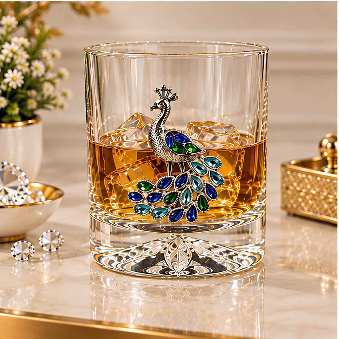 Royal Peacock Crystal Whiskey Glass - Diamond Embellished - Premium Leather Box - Set Of 6