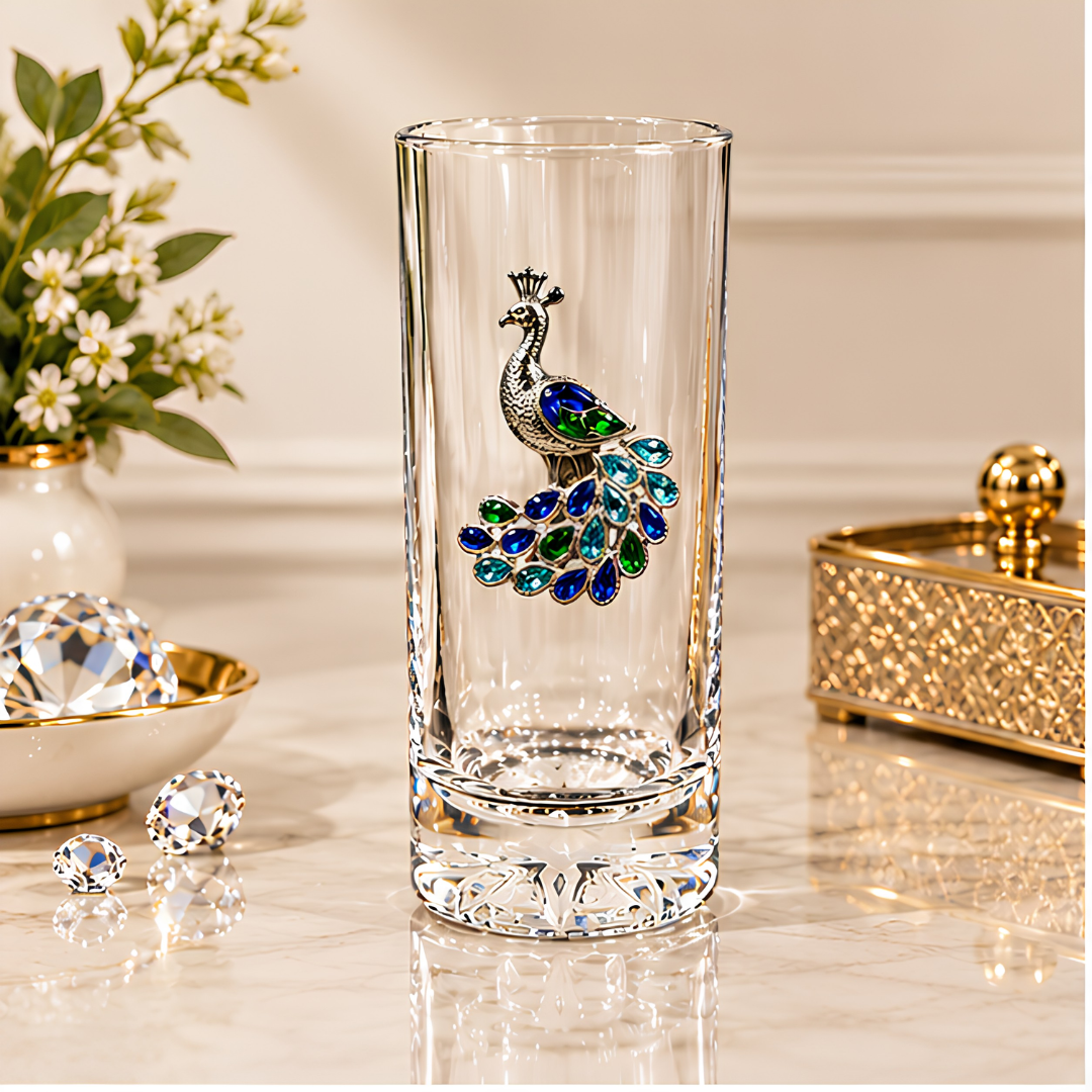 Royal Peacock Crystal Whiskey Glass - Diamond Embellished - Premium Leather Box - Set Of 6