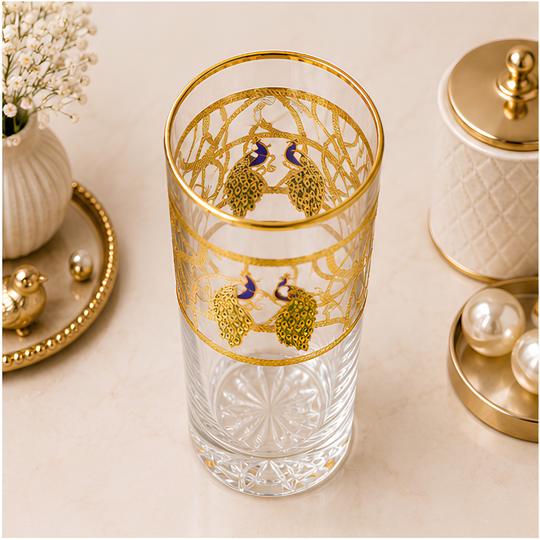 Imperial Peacock Crystal Glass – Gold Plated – Set of 6 (Leather Gift Box)