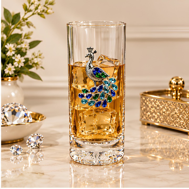 Royal Peacock Crystal Whiskey Glass - Diamond Embellished - Premium Leather Box - Set Of 6