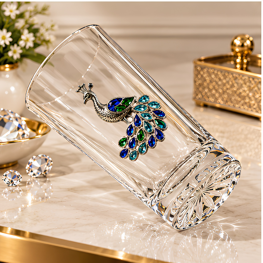 Royal Peacock Crystal Whiskey Glass - Diamond Embellished - Premium Leather Box - Set Of 6