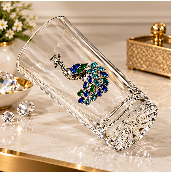 Royal Peacock Crystal Whiskey Glass - Diamond Embellished - Premium Leather Box - Set Of 6