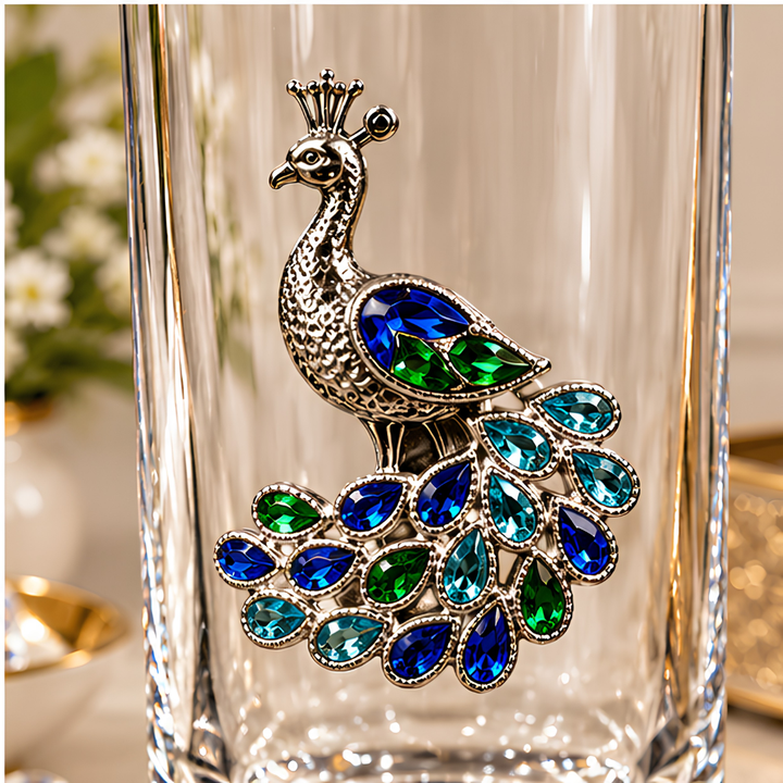 Royal Peacock Crystal Whiskey Glass - Diamond Embellished - Premium Leather Box - Set Of 6