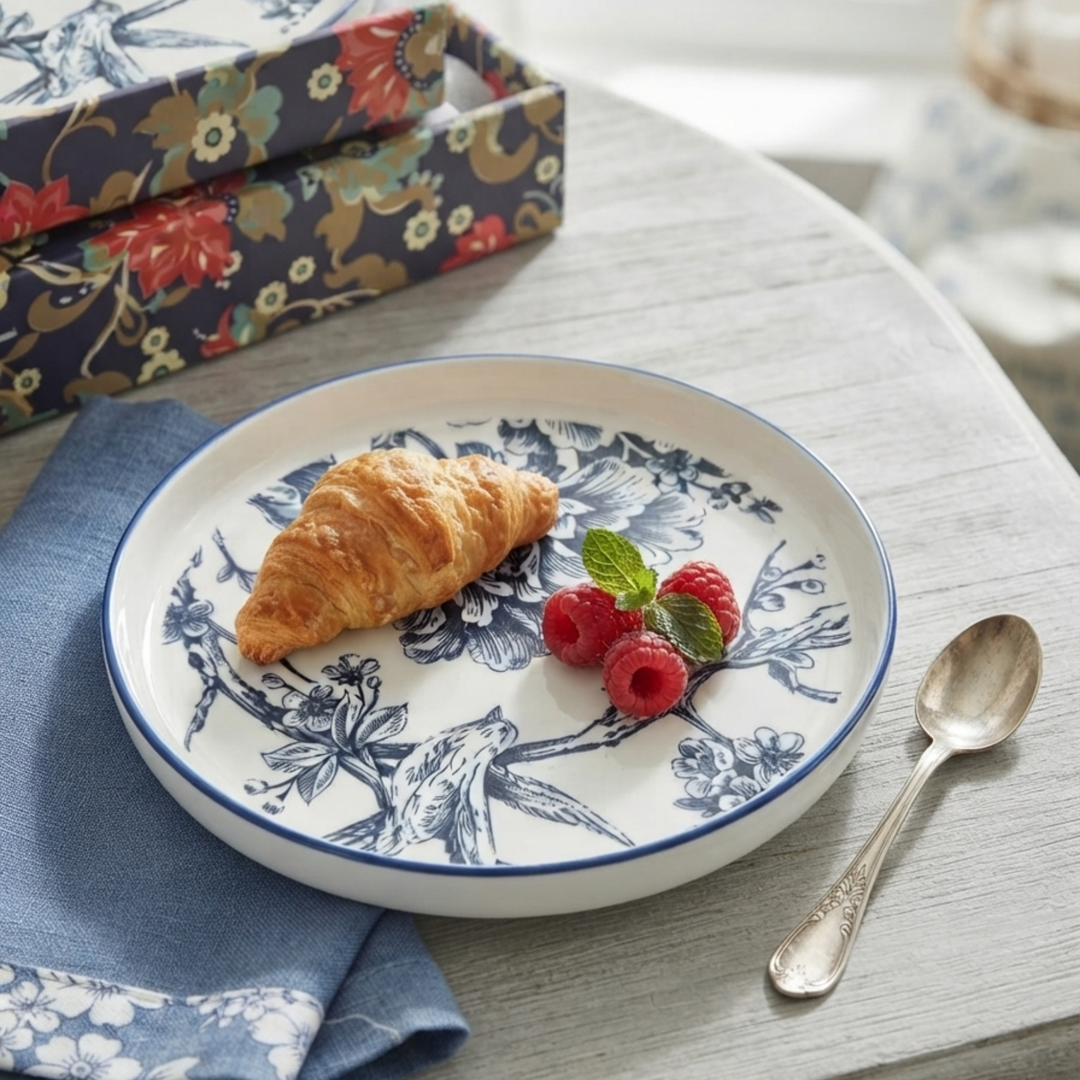 Azure Blossom Designer Quarter Plates (Set of 6) - Imported Bone China