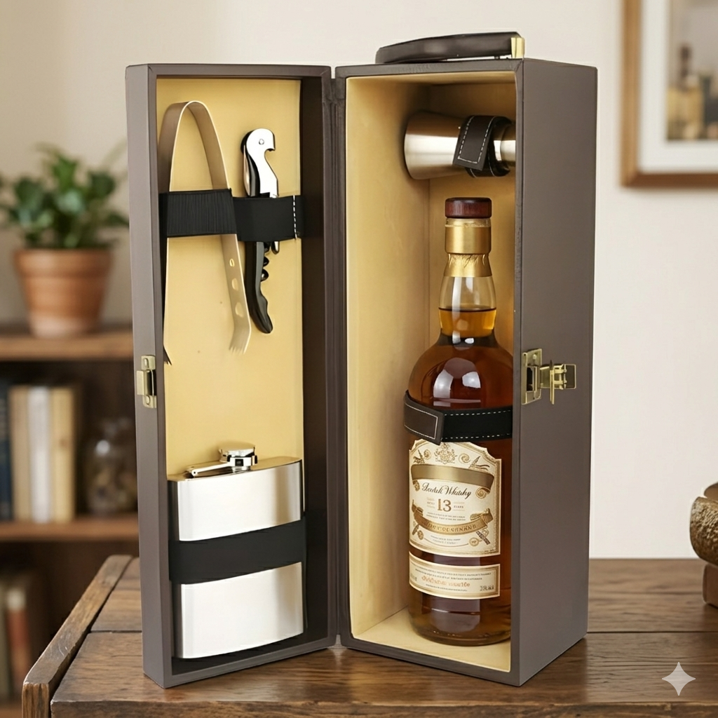 Luxury bottle gifting suitcase with flask corkscrew and premium whiskey gift accessories