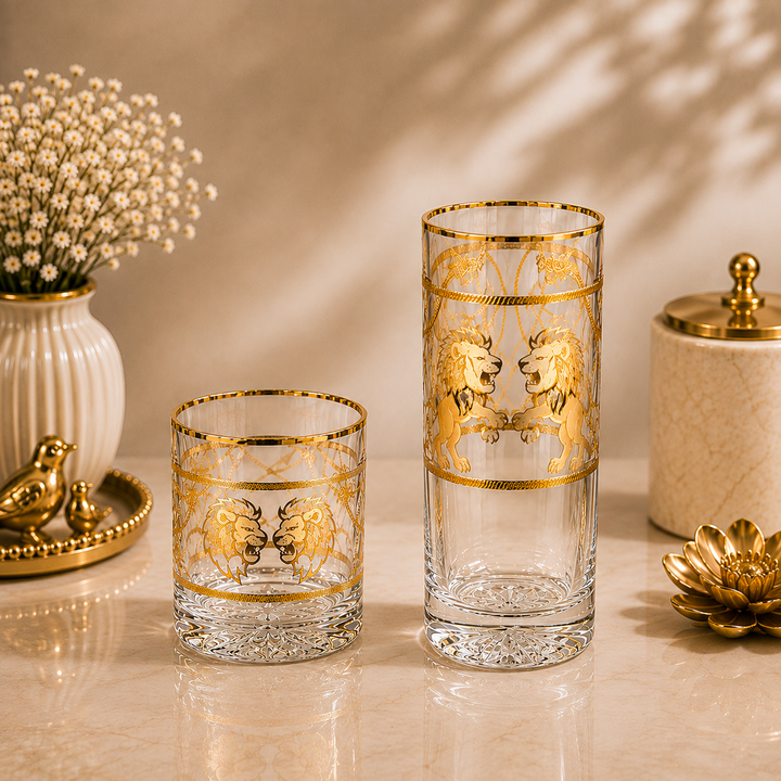 Royal Twin Lions Crystal Glass – Gold Plated – Set of 6 (Leather Gift Box)