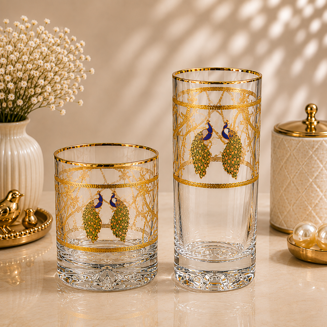 Imperial Peacock Crystal Glass – Gold Plated – Set of 6 (Leather Gift Box)