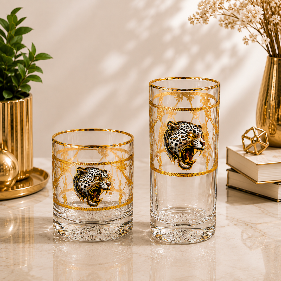 Royal Leopard Crystal Glass – Gold Plated – Set of 6 (Leather Gift Box)