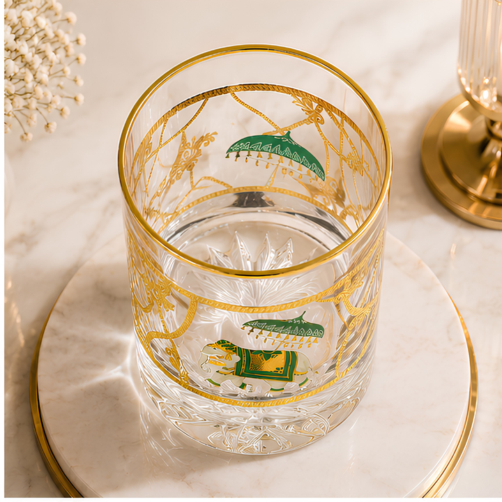 Premium Italian crystal whiskey glass with royal elephant artwork and gold detailing