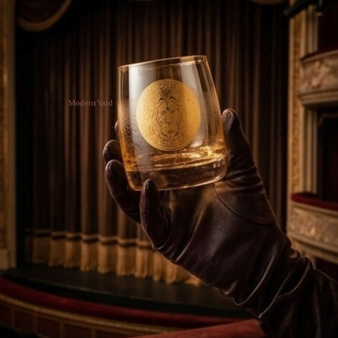 Designer crystal whiskey tumbler with gold lion emblem for luxury home bar and premium drinkware collection.