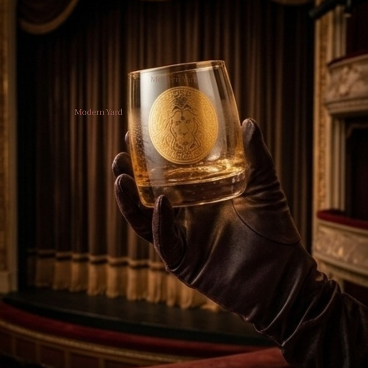 Designer crystal whiskey tumbler with gold lion emblem for luxury home bar and premium drinkware collection.