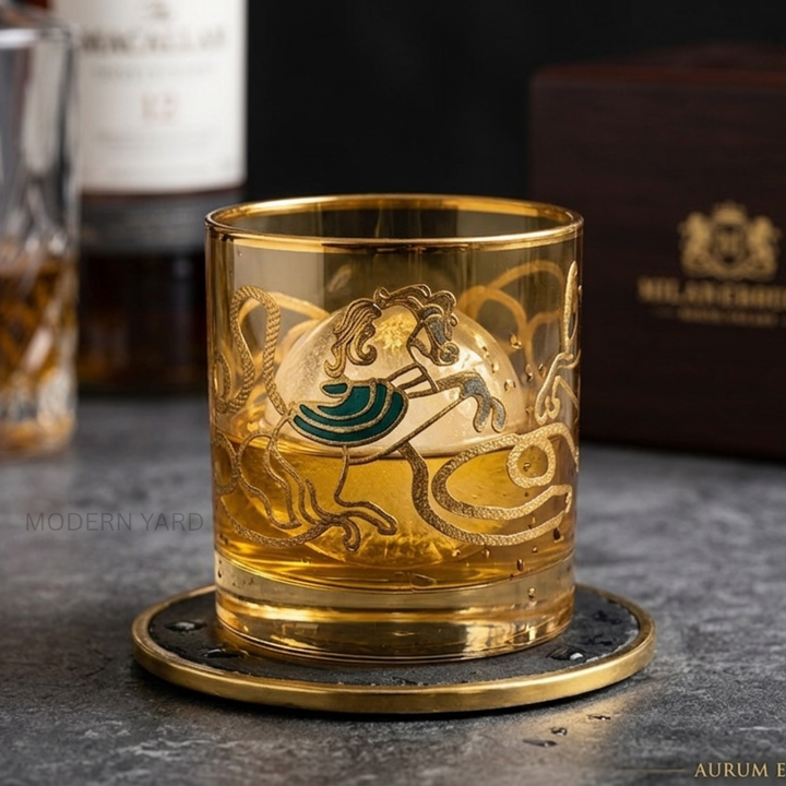 Pegasus 24K Gold-Rimmed Designer Whiskey Glasses Set of 6 in Luxury Suitcase Gift Box