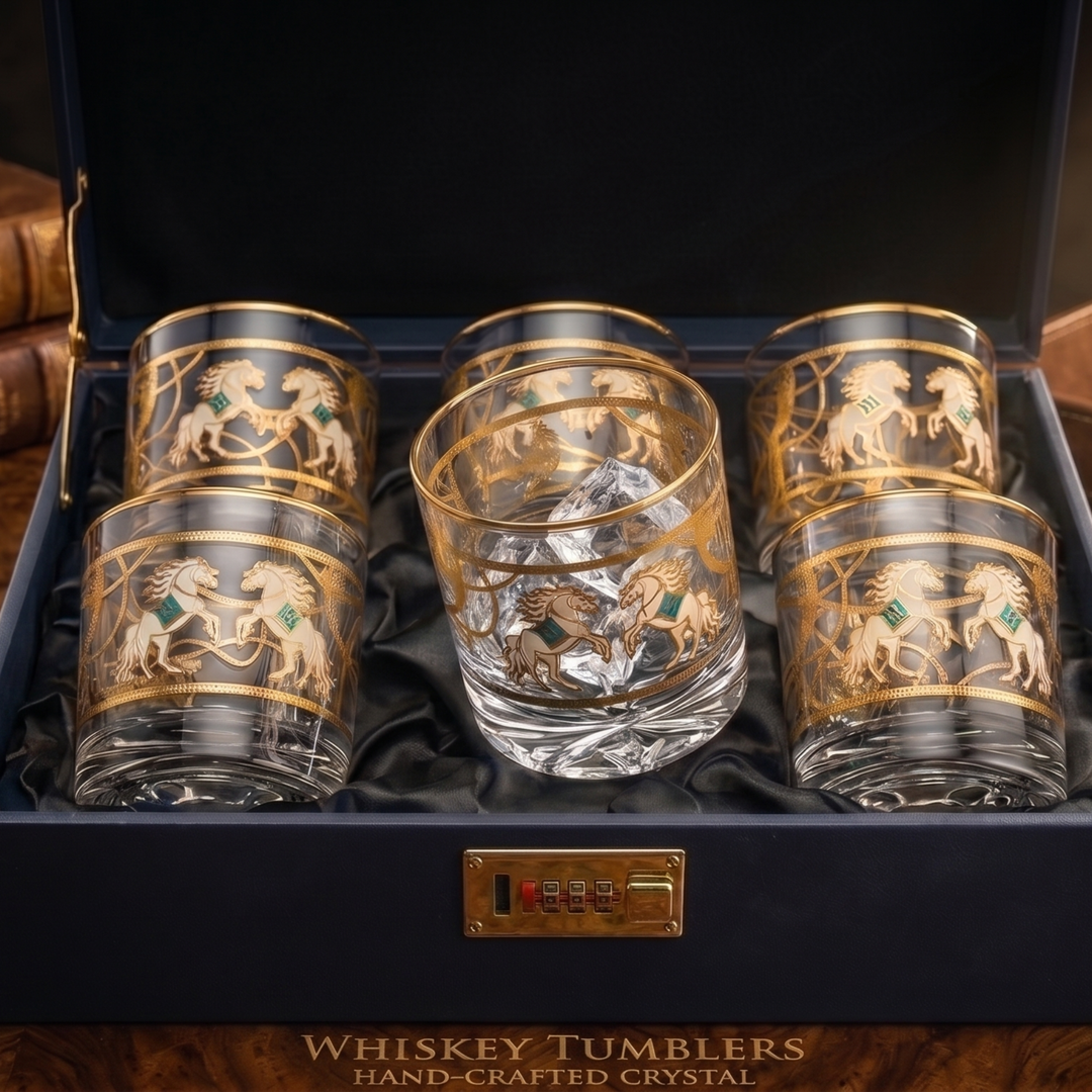 Pegasus 24k Gold-Rimmed Designer Whiskey Glasses | Set of 6 | Suitcase Gift Box
