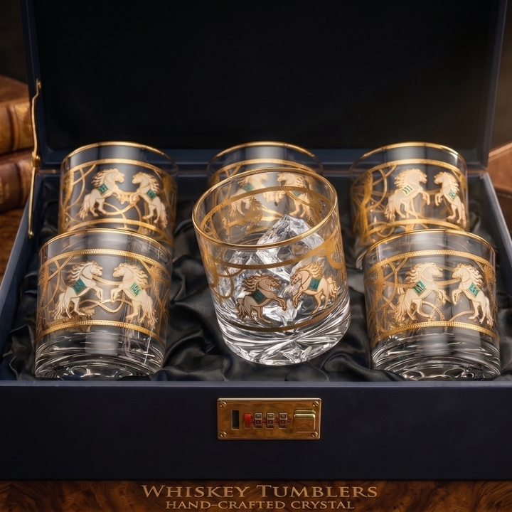 Pegasus 24k Gold-Rimmed Designer Whiskey Glasses | Set of 6 | Suitcase Gift Box