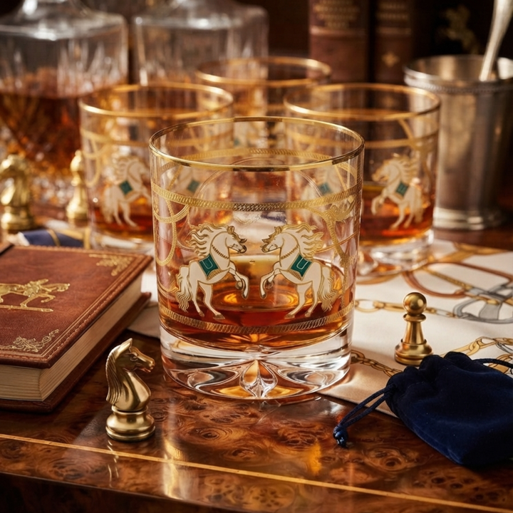 Pegasus 24k Gold-Rimmed Designer Whiskey Glasses | Set of 6 | Suitcase Gift Box
