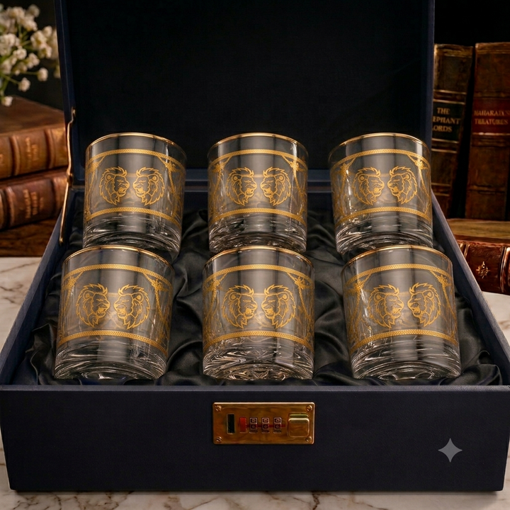 Royal Twin Lions Crystal Whiskey Glass – Gold Plated – Set of 6 (Leather Gift Box)