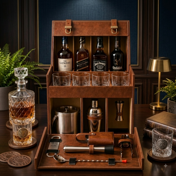 Premium Portable Leather Bar Set | Briefcase Style | Space Holder for 4 Bottles
