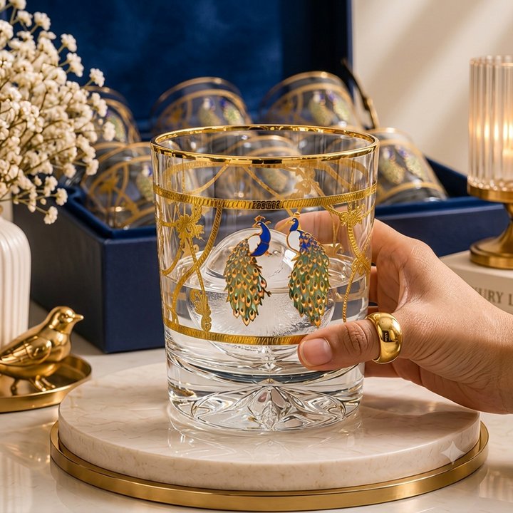 Imperial Peacock Crystal Whiskey Glass – Gold Plated – Set of 6 (Leather Gift Box)