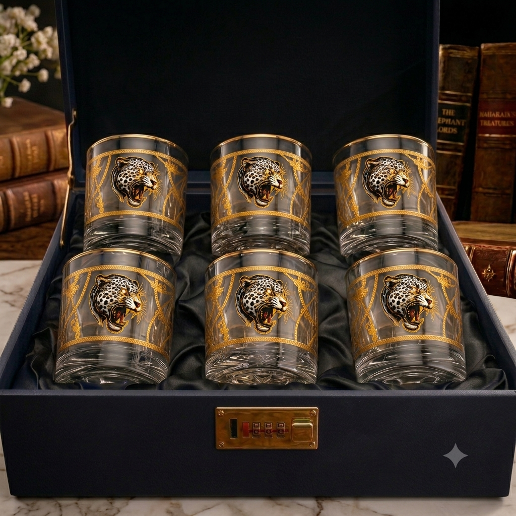 Royal Leopard Crystal Whiskey Glass – Gold Plated – Set of 6 (Leather Gift Box)