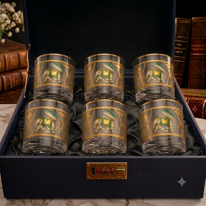Crystal Royal Elephant Whiskey Glass – Gold Plated – Set of 6 (Leather Gift Box)