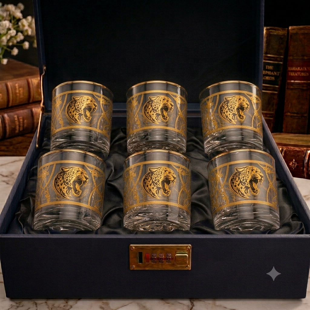 Crystal Jaguar Whiskey Glass – Gold Plated – Set of 6 (Leather Gift Box)