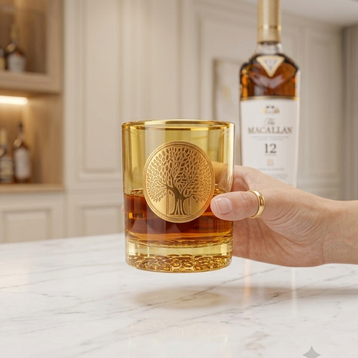 Luxury lion-themed whiskey glass with gold accents designed for scotch, bourbon, rum, and premium spirits.